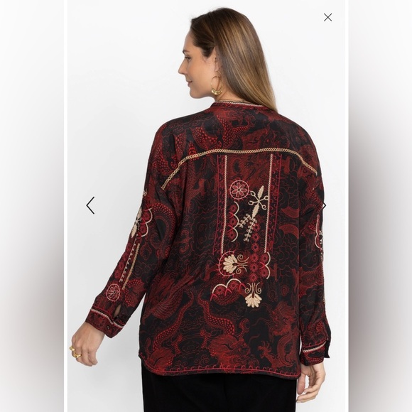 Johnny Was Belina Tunic Large Black Red Silk Embroidered Sequin Blouse Dragon - Picture 3 of 16